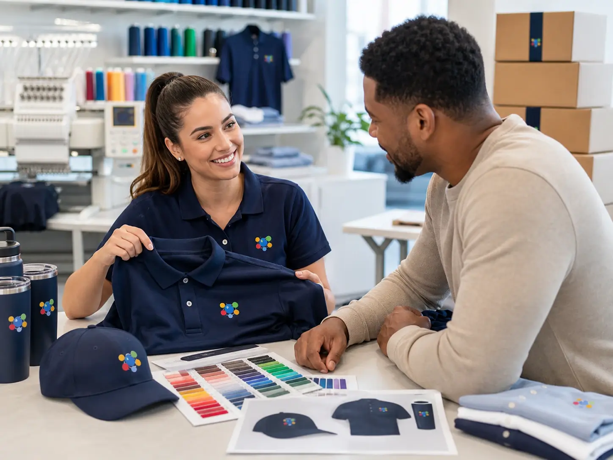 A Quality First specialist presenting branded apparel and drinkware to a client